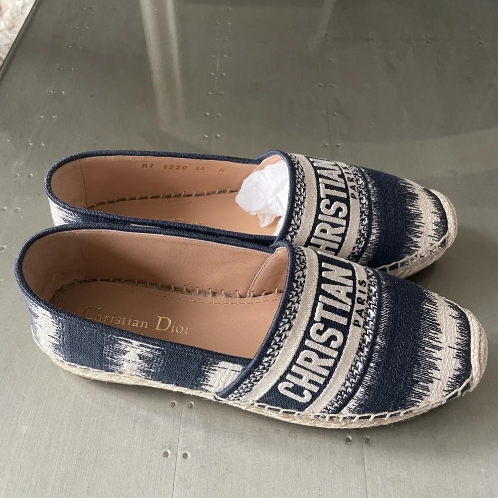 Christian Dior Granville denim blue white beige linen espadrilles flats sz 36